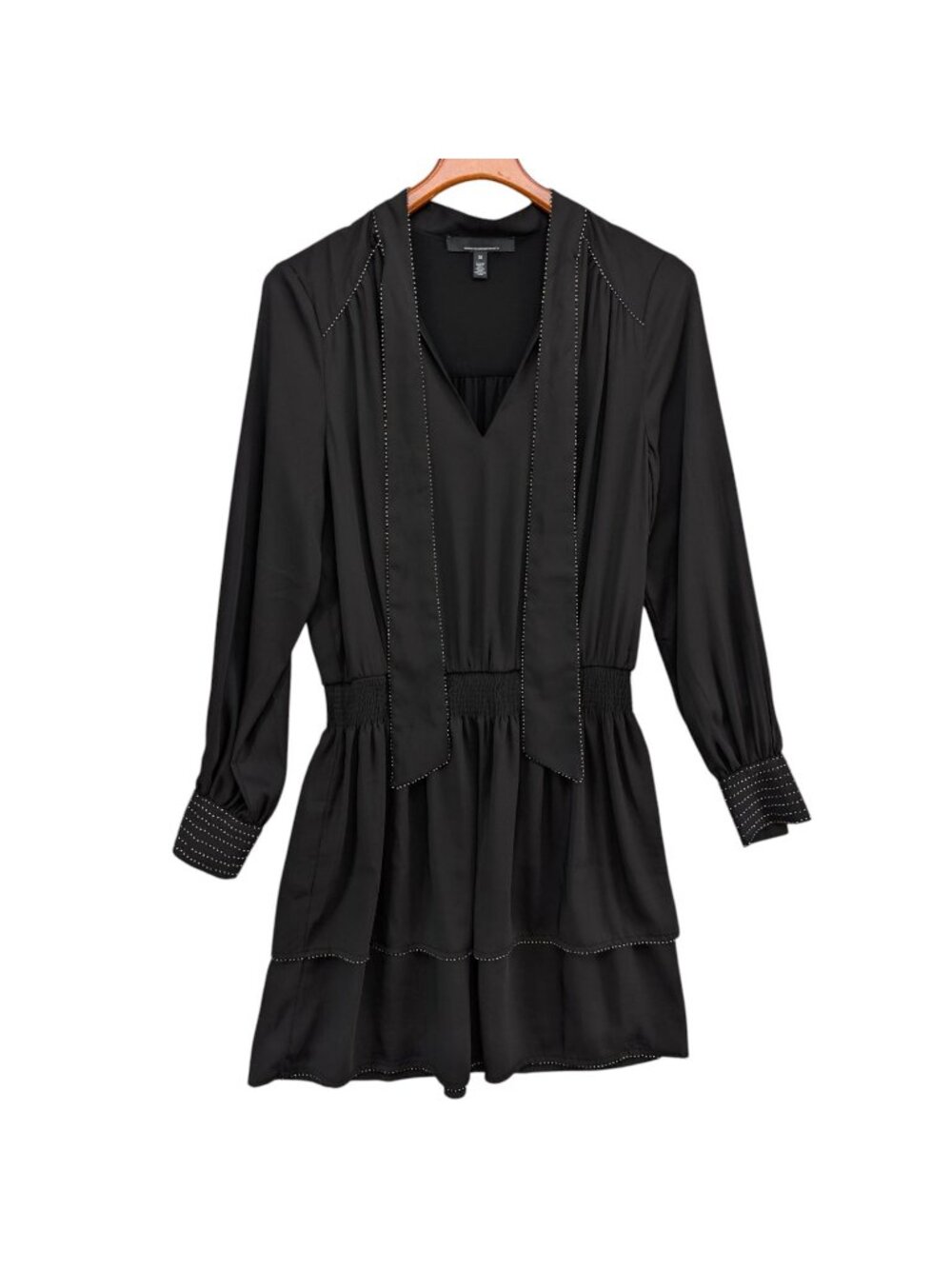 WHBM Beaded Smocked Blouson Dress Black Long Sleeve V Neck Layered Lined Size M